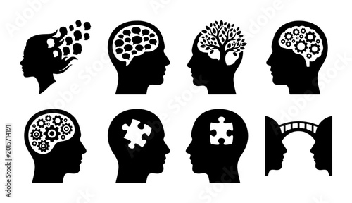 Abstract Brain and Mind Silhouettes, 8 Vector Icons Set: Cognition, Ideas, Psychology, Logic, Creativity, Problem Solving, Connection