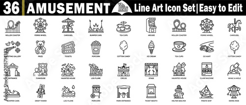 Amusement park line art icon set for theme park carnival attractions.