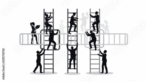 Silhouettes of people on ladders working.
