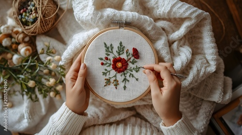 Close Up Top View of Woman Creating Punch Needle Embroidery Artwork in Cozy Indoor Setting