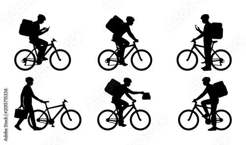 Schilderij op canvas Delivery Cyclist Silhouettes, Bicycle Courier Icons, Food Delivery Service Vecto