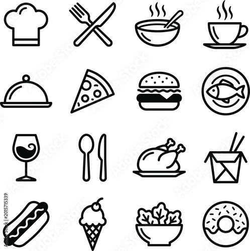 Food and cooking line icons set on white background
