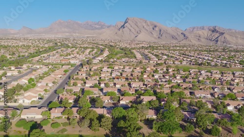 Summerlin Las Vegas Aerial Pullback View of Suburban Homes and Mountains 01