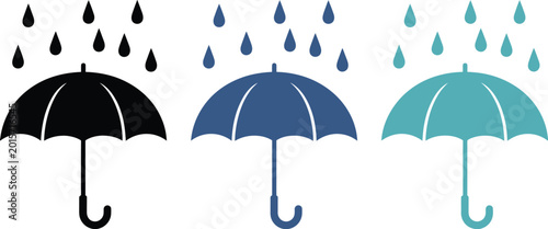 Foto Umbrella, icon set with rain drops vector illustration for weather protection and rainy season concept design