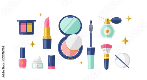 Foto Collection of colorful makeup and beauty products arranged neatly