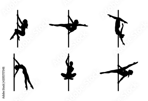 Pole Dance Silhouettes, Athletic Poses, Fitness Routine, Vertical Pole Dancing Vector Set, Graceful Movement, Strength Training