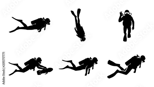 Foto Scuba Divers Silhouette Collection, Underwater Exploration Vector Icons, Marine