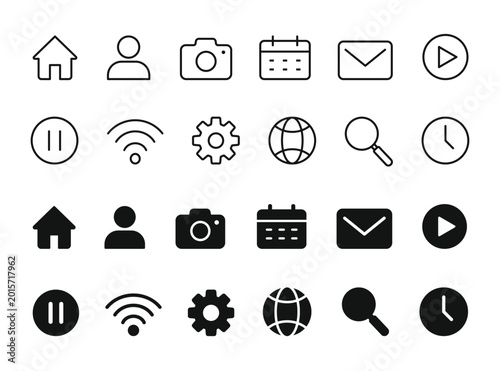 Modern User Interface Icon Set – Home, Camera, Calendar, Email, Clock, Global, Setting,  Play, Wifi, Search Vector Collection