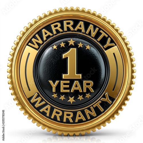 Golden and Black 1 Year Warranty Seal with Stars, 3D Rendered Graphic