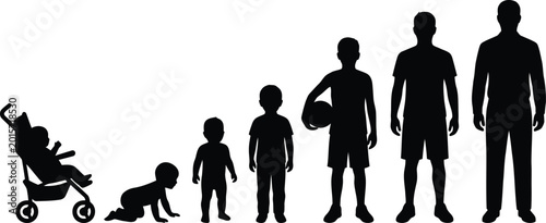 Human life cycle silhouettes depicting growth stages on white background