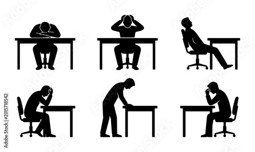Quadro su tela Collection of six black silhouette icons depicting stress, exhaustion, and frust