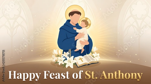 Happy feast of st anthony illustration with saint holding baby jesus, lilies and an open bible