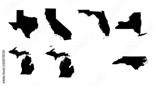 Photos Set of US State Silhouettes: Texas, California, Florida, New York, Michigan, Nor