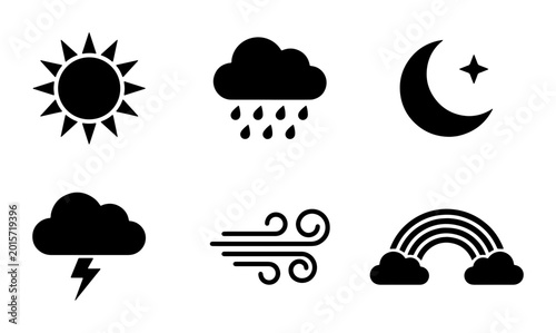 Foto Weather Icons Set: Sun, Rain Cloud, Moon, Lightning, Wind, Rainbow, Night Sky, F