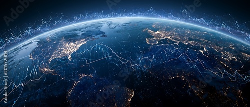 space view of earth with AI powered trading overlays, glowing economic data streams, futuristic finance technology concept,