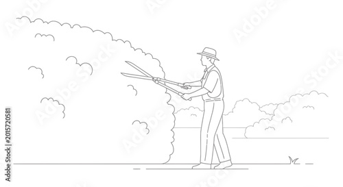 Gardener trimming hedge with shears, outdoor scene, line art illustration