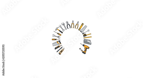 Tableau sur toile Set of various hand tools arranged in a semicircle on white background