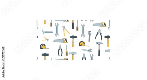 Photography Seamless pattern of various hand tools including hammers, screwdrivers, pliers, and wrenches on white background