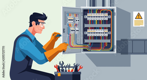 Фотография Electrician working on electrical panel, wiring, circuits, tools, safety concept