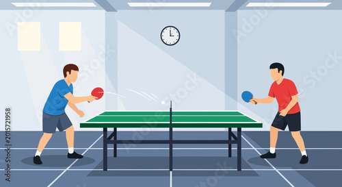 Foto Two men playing table tennis in a room with a clock on the wall