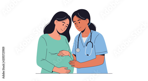 Bild auf Leinwand Pregnant Woman Examined by Nurse, Medical Checkup, Maternal Care Illustration