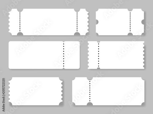 Blank White Ticket Template Vector Set with Perforated Edges for Event Vouchers