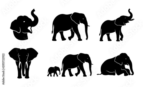 Photography Silhouette Elephant Vector Icons Set, African Wildlife Mammal Poses, Simple Blac