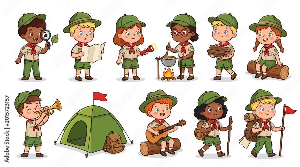 Obraz premium Diverse group of young scout children participating in various outdoor activities at a summer camping trip