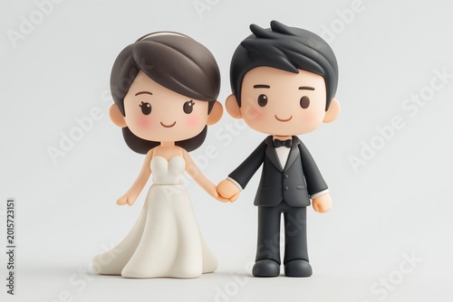 Cute Chibi Wedding Couple Figurines Holding Hands on White Background
