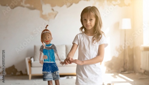 Girl Holding Hands With Child's Drawing Family