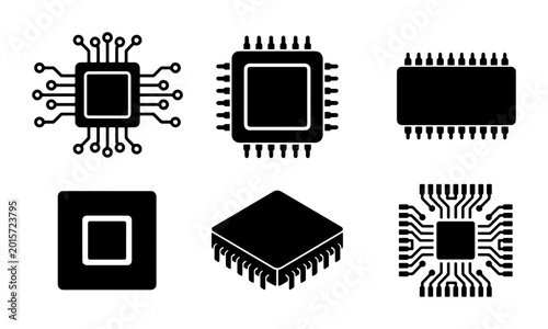 Schilderij op canvas Set of 6 Black Microchip Icons, Computer Processor Vector Graphics, Electronic C