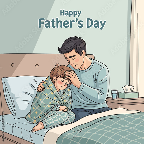 Father comforting sick child in bed with Fathers Day greeting vector illustration