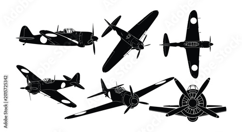 Tableau sur toile Airplane silhouettes vector illustration of vintage warplanes on white backgroun