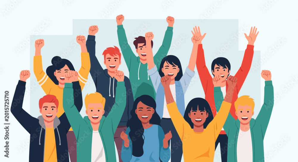 Fototapeta premium Diverse group of people celebrating, arms raised in excitement, unity and success