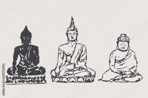 Three Buddha Figures in Meditative Pose, Textured Black and White Sketch Style
