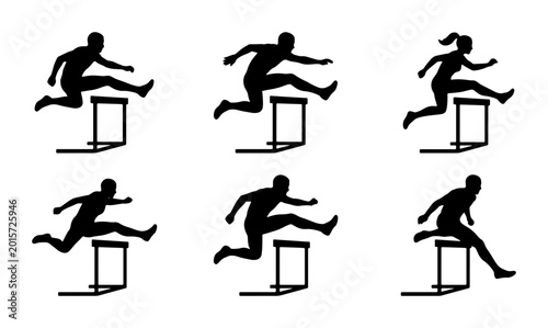 Bild auf Leinwand Hurdles Race Silhouettes, Athletic Track and Field Athletes Jumping Over Obstacl