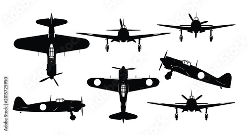 Bild auf Leinwand Airplane silhouettes vector illustration of vintage warplanes on white backgroun