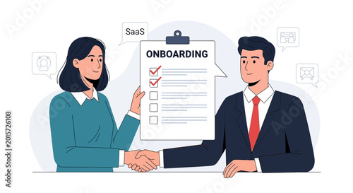 Business meeting, handshake and onboarding checklist, SaaS workflow.