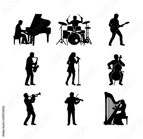 Photography Musical Ensemble Silhouettes: 9 Vector Icons of Musicians Playing Piano, Drums,