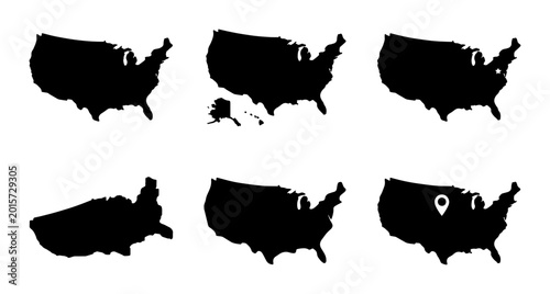 United States Map Silhouettes, USA Outline Icons, American Geography Graphics, Location Pin Markers, Isolated Black Vector Shapes for Travel and Business