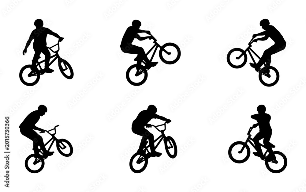 Obraz premium BMX Bicycle Rider Silhouettes, Extreme Sports Action Poses, Dynamic Cycling Performance, Vector Graphic Set