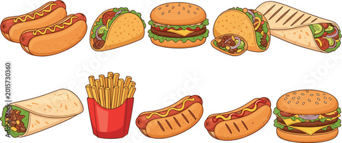 Φωτογραφία Large set of fast food icons including burgers hot dogs tacos french fries and w