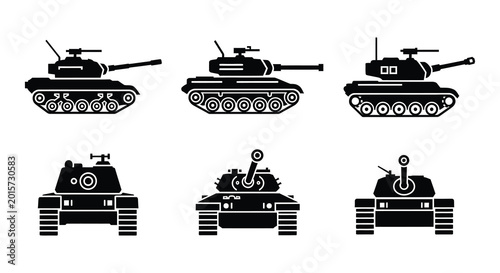 Canvastavla Black silhouette icons of military tanks flat vector illustration