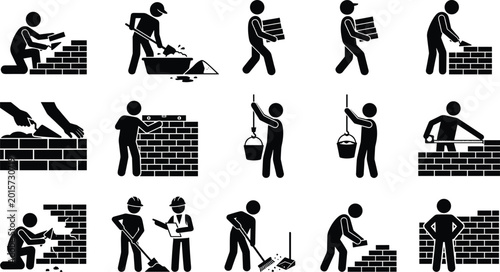 Photos Bricklayer worker silhouette icons set featuring masonry construction wall build