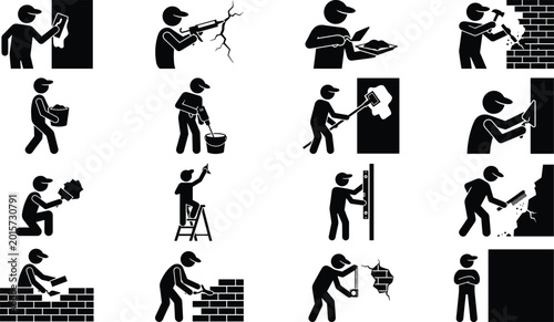 Tableau sur toile Construction repair worker silhouette icons set featuring plastering drilling pa