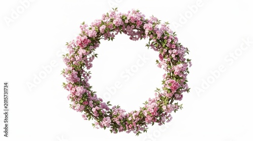 Elegant pink flower wreath on white background, romantic floral circle frame with spring blossoms, decorative botanical garland for wedding invitation