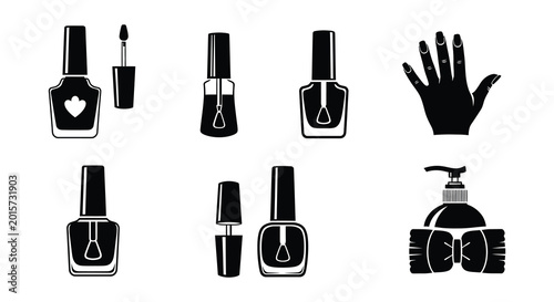 Nail polish bottles and hand silhouette black vector icons