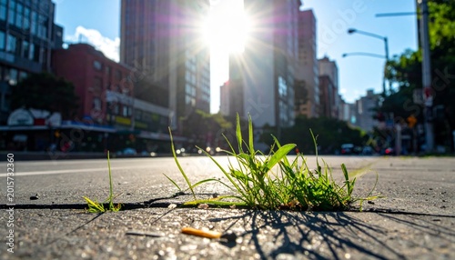 Grass Pushing Through Cracked Pavement In Sunlight