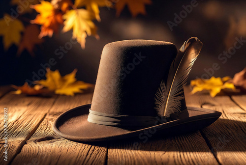 Pilgrim hat with feather on rustic wooden table in autumn