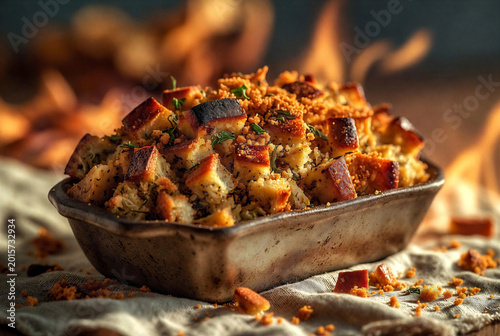 Herb stuffing with crispy breadcrumbs in rustic baking dish